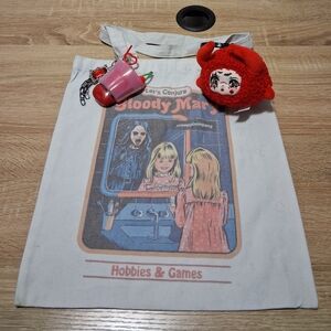 White Tote Bag with Red Plush Keychain